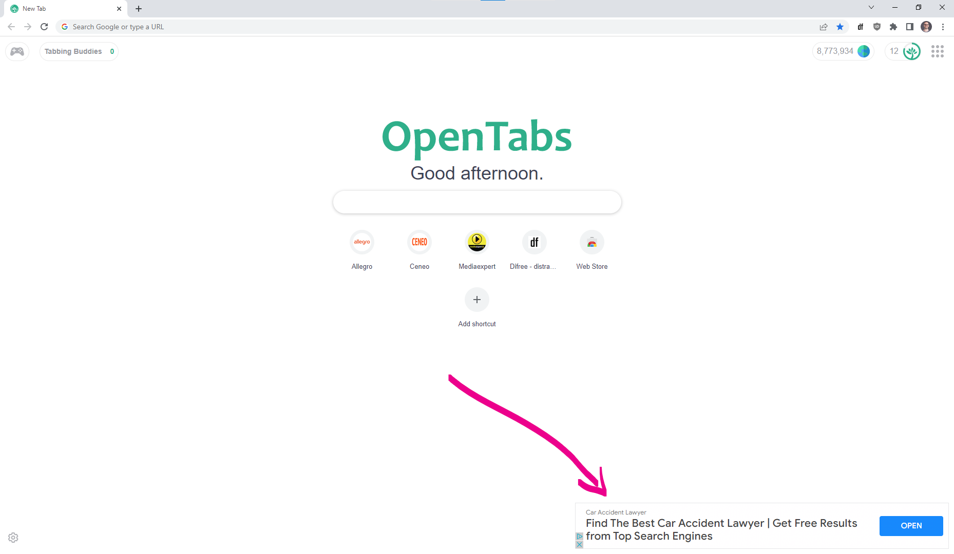 OpenTabs: an ad in bottom-right corner